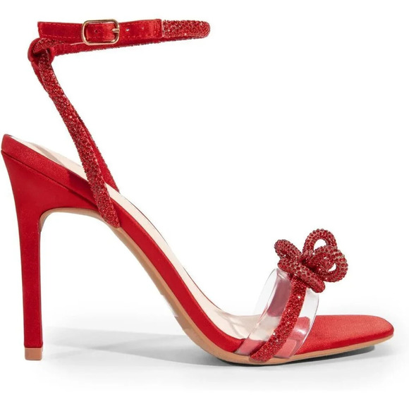 Women's Red Double Bowknots Crystal Sandals Clear Slingback Heels - Picture 4 of 7